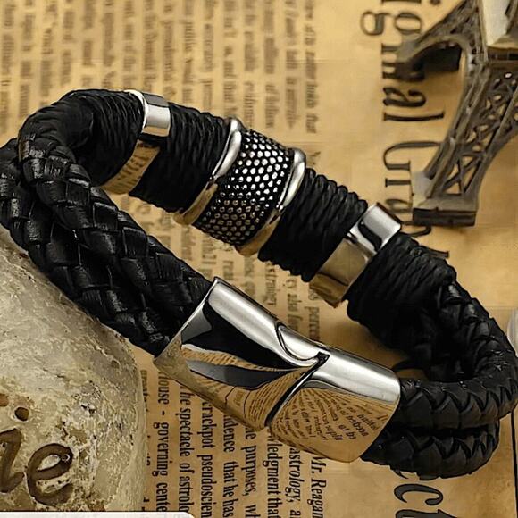BLACK STAINLESS STEEL LEATHER BRACELET - Picture 2 of 3